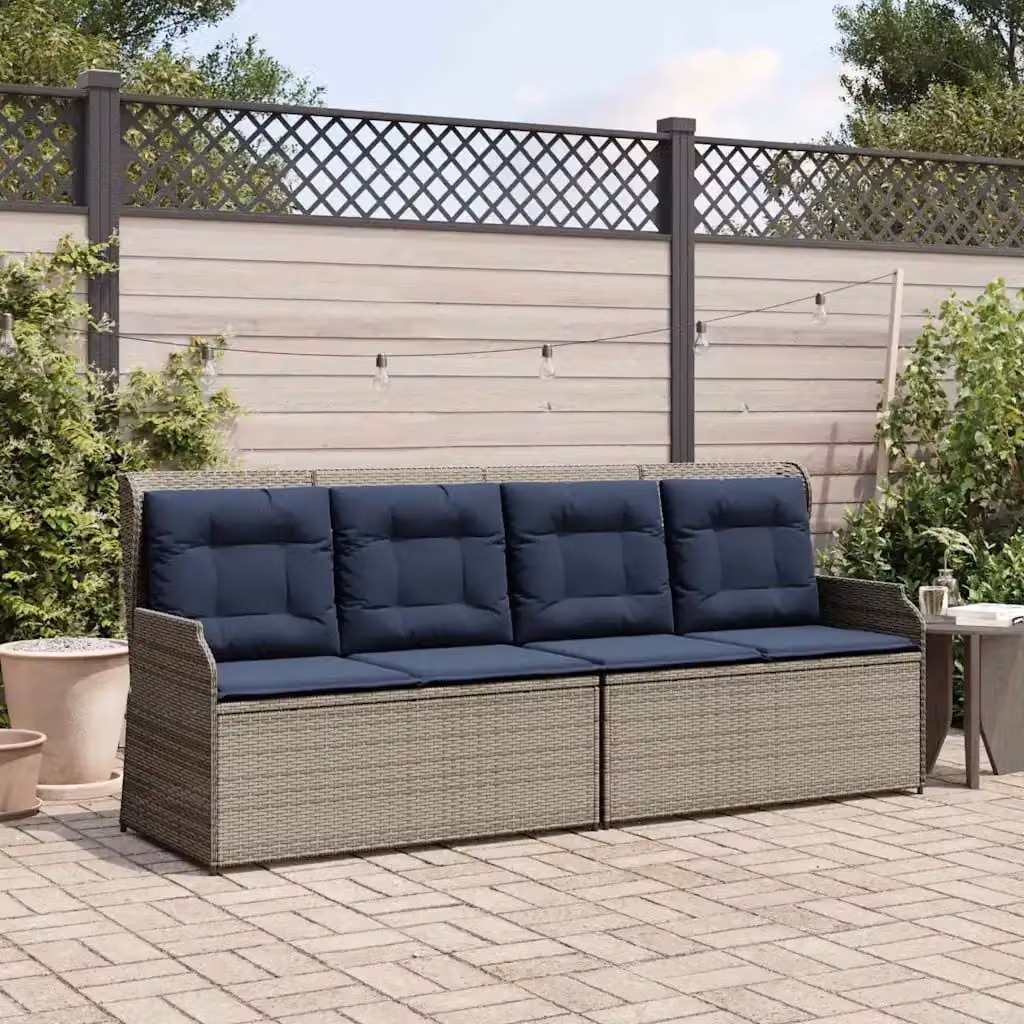 Panchina da giardino moderna vidaXL in rattan e metallo con cuscini Grigio e Blu Navy con braccioli