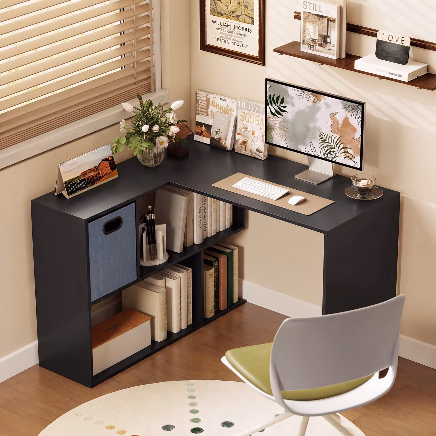 Scrivania Angolare Moderna HOMCOM con Scaffale e Cassetto in Tessuto, Nero, L 110 x P 100 x H 75 cm – 2