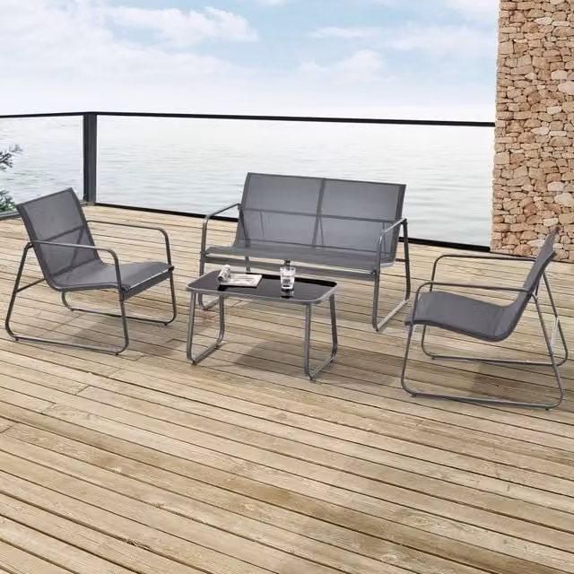 Set Salottino da Esterno Anzi casa.pro con Divano a 3 Posti, Divano a 2 Posti, Poltrona Lounge e Tavolino, Colore Grigio e Nero con Cuscini Inclusi – 1