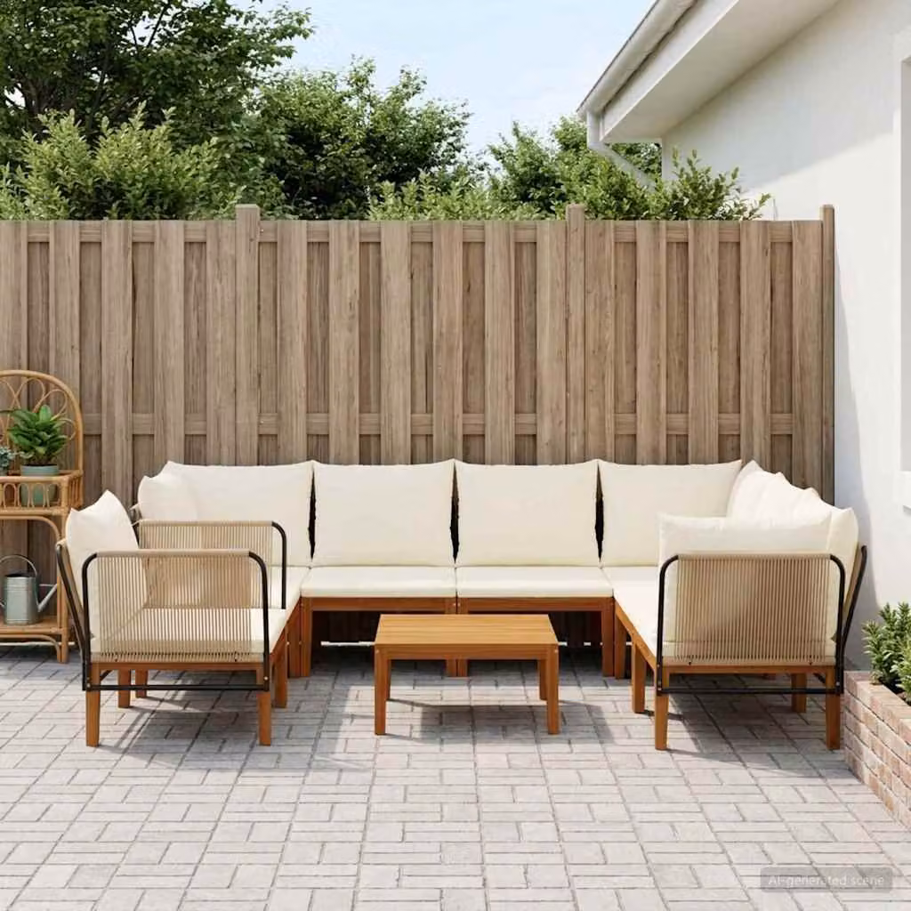 Set da giardino moderno vidaXL in 7 pezzi in legno massiccio di acacia e corda, Colore Naturale