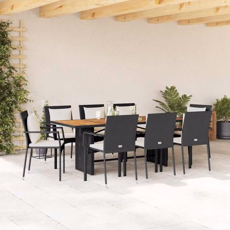 Set da pranzo da giardino vidaXL in polyrattan e legno di acacia con 9 pezzi e cuscini nero