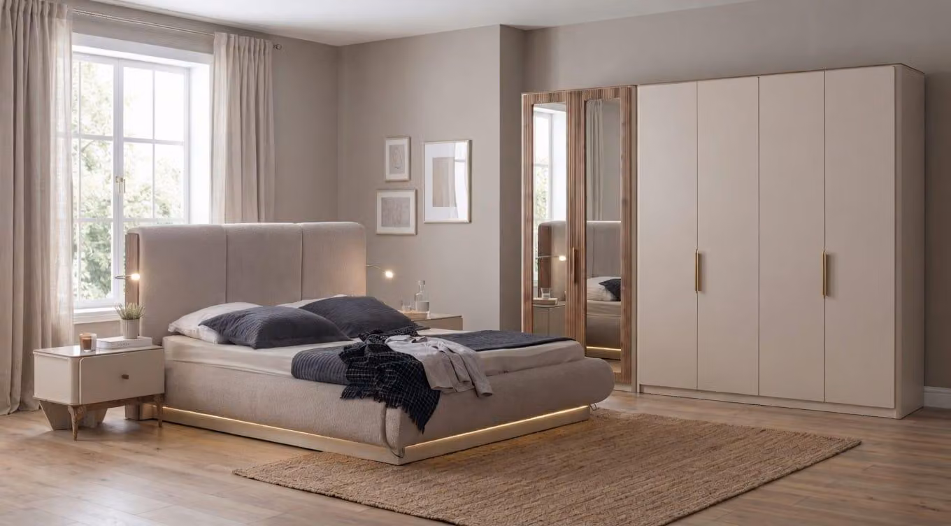 Set completo per camera da letto elegante, con letto, armadio e comodini, in beige, di alta qualità
