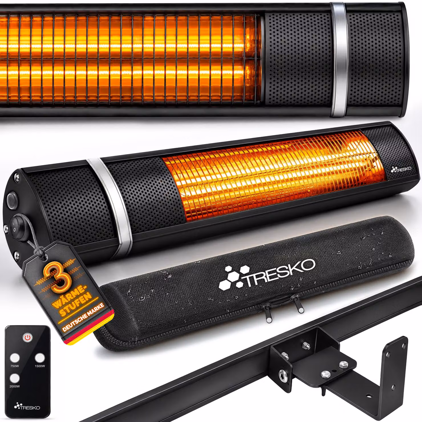 TRESKO riscaldatore radiante a infrarossi 2000W nero con telecomando e copertura | riscaldatore da patio elettrico con 3 impostazioni di calore | riscaldatore da patio per interni e per esterni | riscaldatore radiante a parete riscaldatore a infrarossi ri