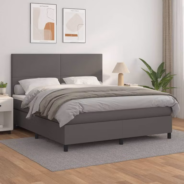 vidaXL Letto a Molle Ibrido con Materasso in Similpelle Grigio e Bianco L/P/H: 160 x 200 x 128 cm