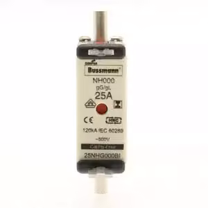 Inserto fusibile Eaton, bassa tensione, 25 A, CA 500 V, 120 kA, NH000, gL/gG, IEC, doppio indicatore di stato, linguetta isolata 25NHG000BI