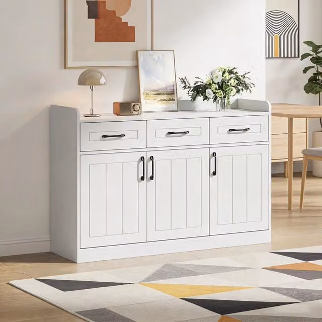 Madia con 3 ante e 3 cassetti in pannello truciolare bianco con ripiani regolabili e maniglie nere 120 × 35 × 80 cm