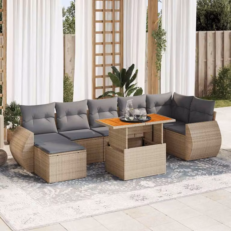 Set Divano da Giardino vidaXL 8 pz in Polyrattan Beige con Cuscini e Tavolino da Esterno