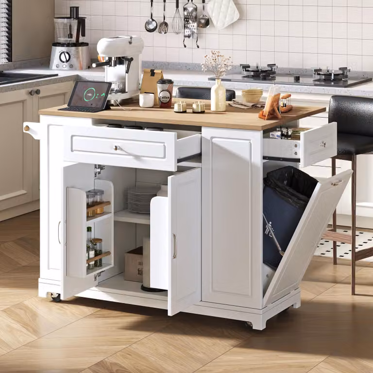 Isola cucina Fortuna Lai con rotelle, zona pranzo estraibile Isola cucina con cassetti multifunzione e scomparto per contenitore rifiuti, isola cucina mobile Ideale per cucina e sala da pranzo (bianco)