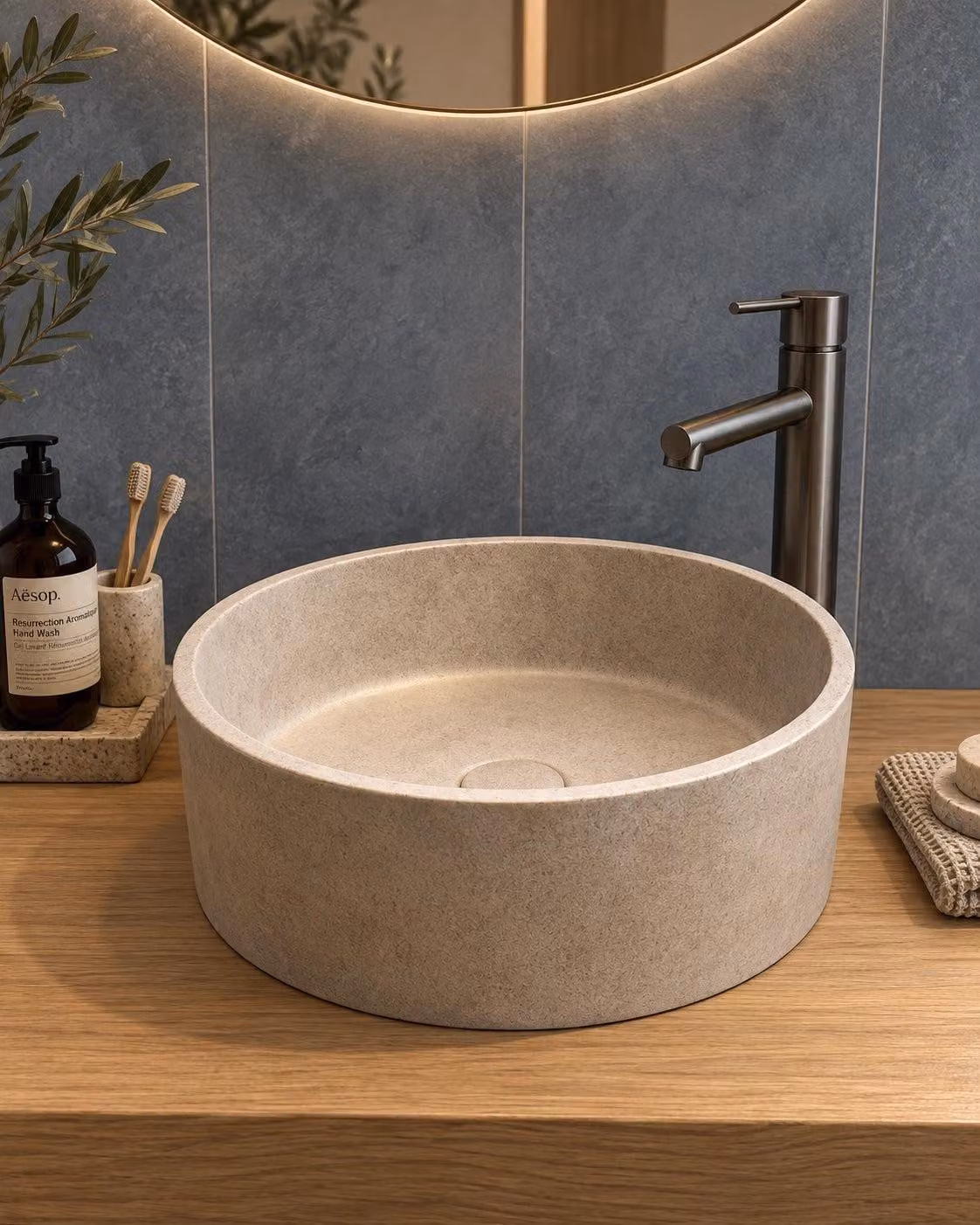 Lavabo 36 cm effetto pietra ciotola da appoggio grigio Capri