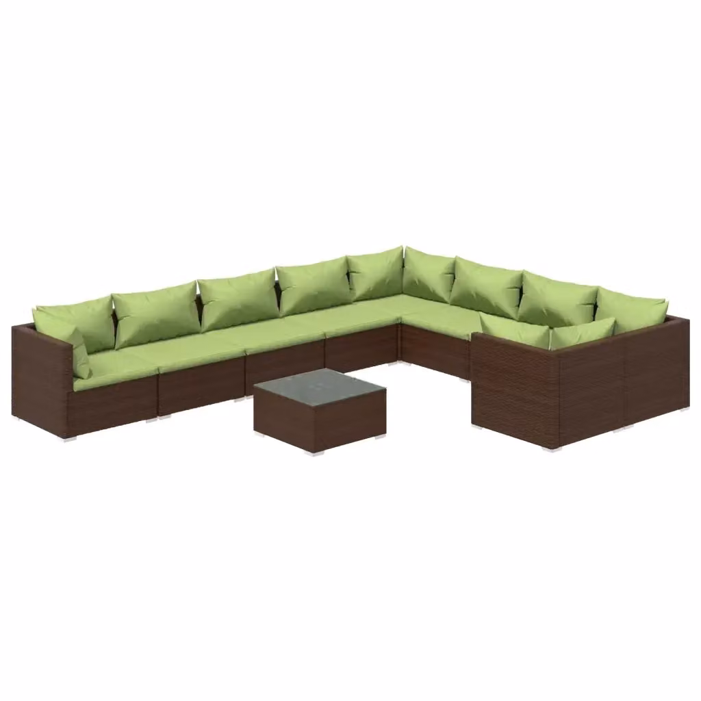Set di divani da giardino a forma di U vidaXL in rattan marrone e verde con cuscini e tavolino da caffè – 2