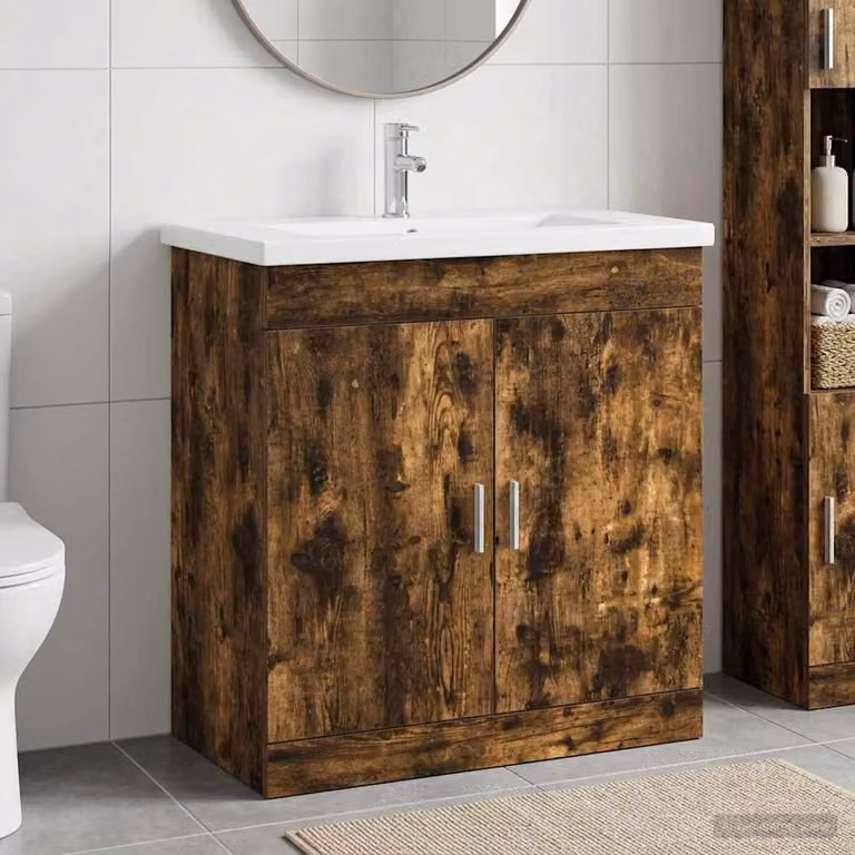 Set di mobili per il bagno moderno vidaXL in MDF colore Rovere Fumo e Argento, L: 81 cm, P: 40 cm, H: 84,5 cm