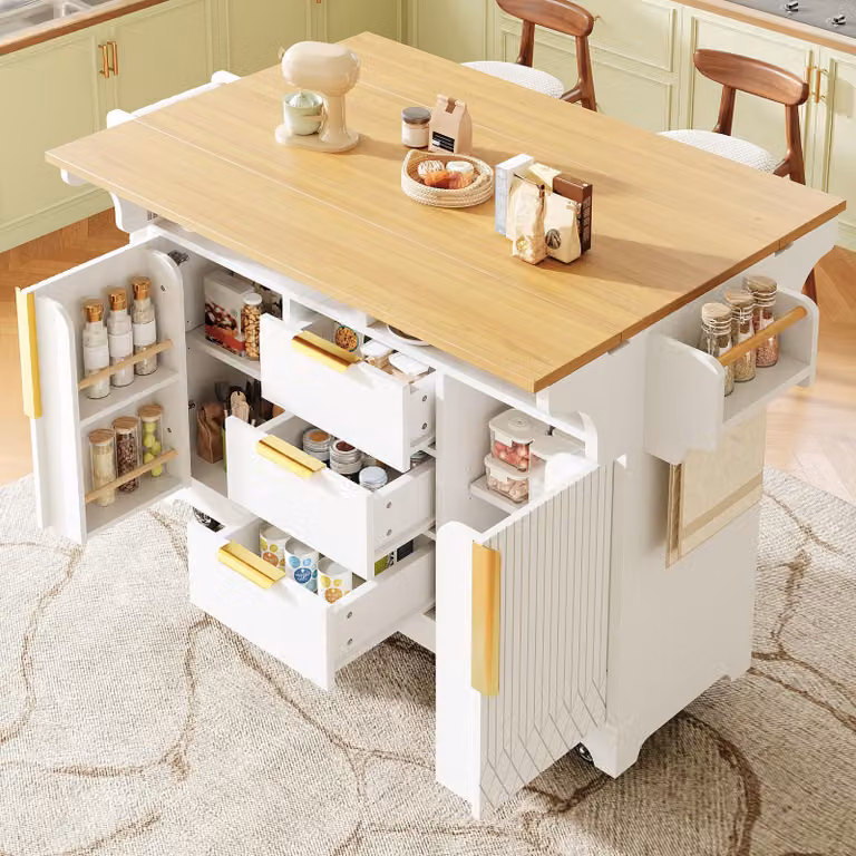 Isola da cucina con piano ribaltabile, isola da cucina mobile con spazio contenitivo, 3 cassetti, ruote, realizzata in MDF e metallo, dimensioni 120–197 × 40 × 95 cm, finitura bianco e legno di quercia