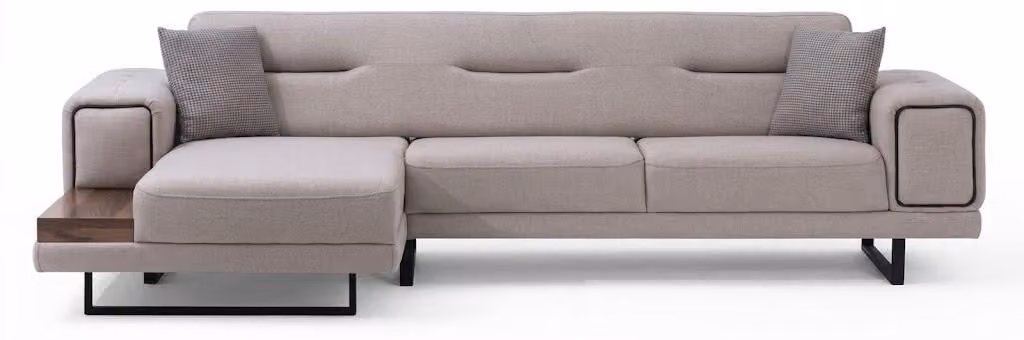 Divano angolare moderno, dal design elegante, con imbottitura morbida, grande, spazioso e pratico, di colore beige