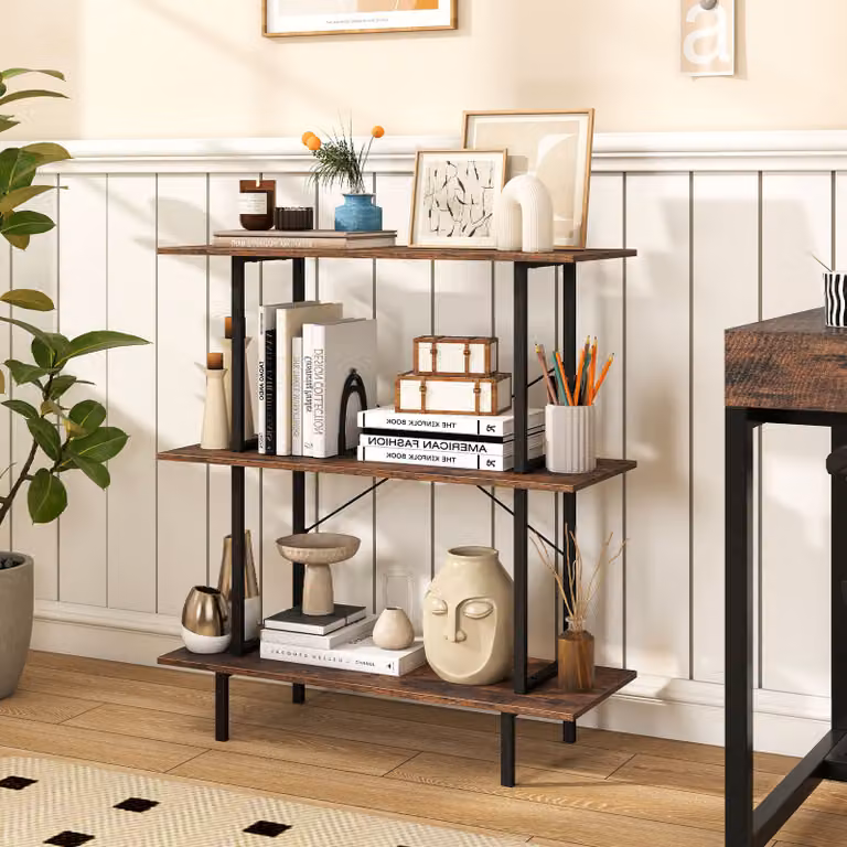 Scaffale portaoggetti Costway a 3 livelli in stile industriale con struttura in metallo e legno, libreria salvaspazio nero e marrone per soggiorno e ufficio in casa
