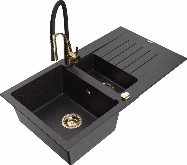 Mexen Matias lavello in granito 1,5 vasche con scolapiatti e rubinetto cucina Aster, nero/argento - 6502-73-73450-57-G