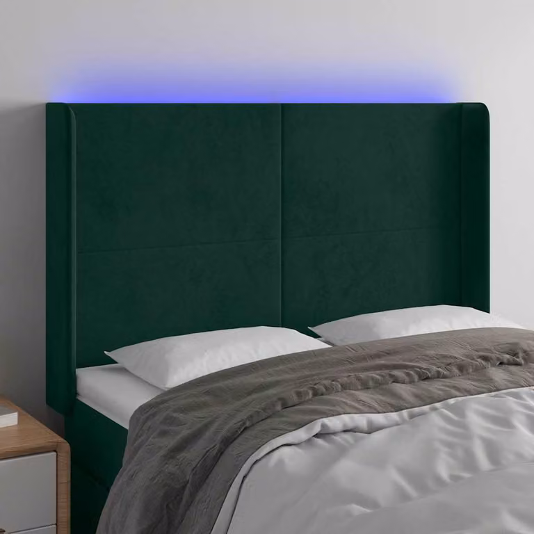 Testiera per letto vidaXL in velluto verde scuro con illuminazione LED e porta di ricarica USB, L: 147 cm, P: 16 cm, H: 118-128 cm