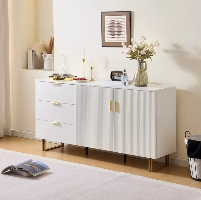 Sideboard moderno MODFU bianco opaco con dettagli oro in MDF e metallo per soggiorno o sala da pranzo L: 160 cm, P: 40 cm, H: 81,5 cm