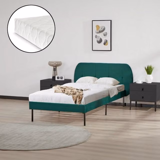 Letto Singolo Porvoo en.casa con Testiera e Materasso in Velluto Verde Scuro L/P/H: 207 x 90 x 110 cm