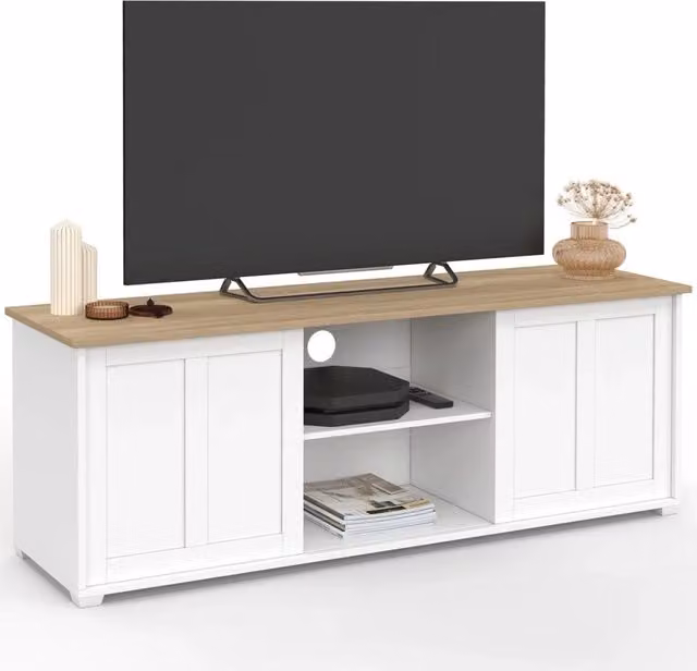 Mobile TV IDMarket JANGO bianco con piano in legno e 2 ante scorrevoli L: 140 cm, P: 40 cm, H: 50 cm