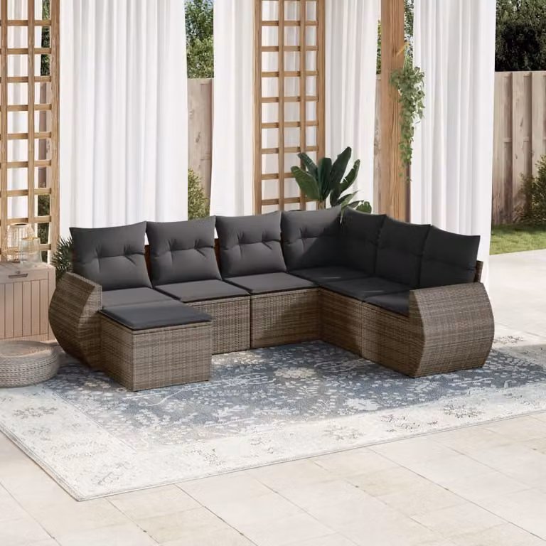 Set di divani da giardino vidaXL a forma di L composto da 7 pezzi in polyrattan grigio con cuscini imbottiti e coperture rimovibili