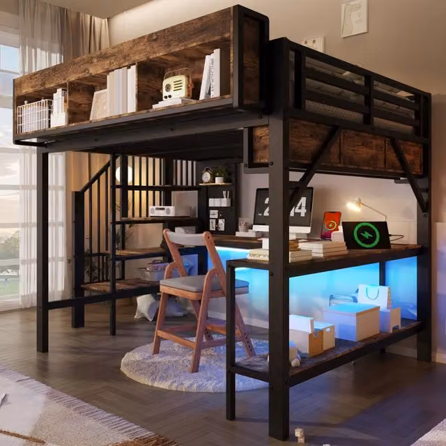 Letto a soppalco WISHDOR in stile industriale con scrivania, illuminazione LED, prese USB e scala con gradini, colore marrone e nero, L/P/H: 200 x 140 x 255 cm