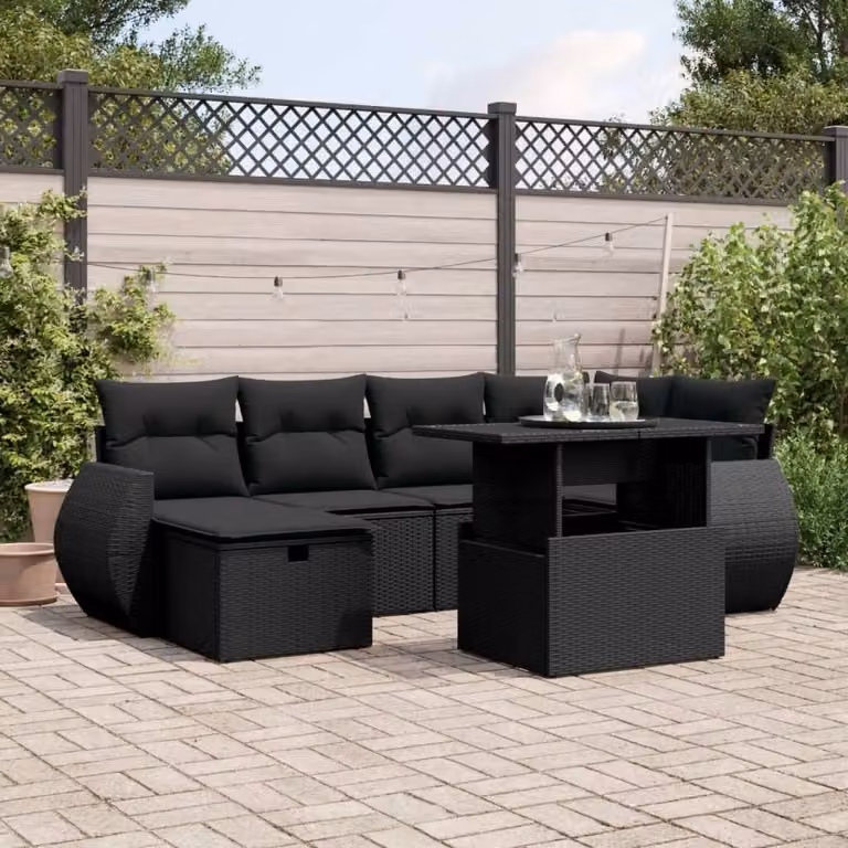 Maison Exclusive - Set da giardino 7 pezzi con cuscini in polyrattan nero