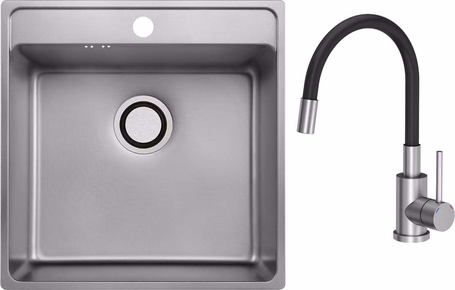 VBChome Lavello in acciaio inox con rubinetto 49x48x21 cm Inox Struttura in lino Lavello da incasso con foro per rubinetto Vasca grande Sifone Rubinetto nero con bocca flessibile