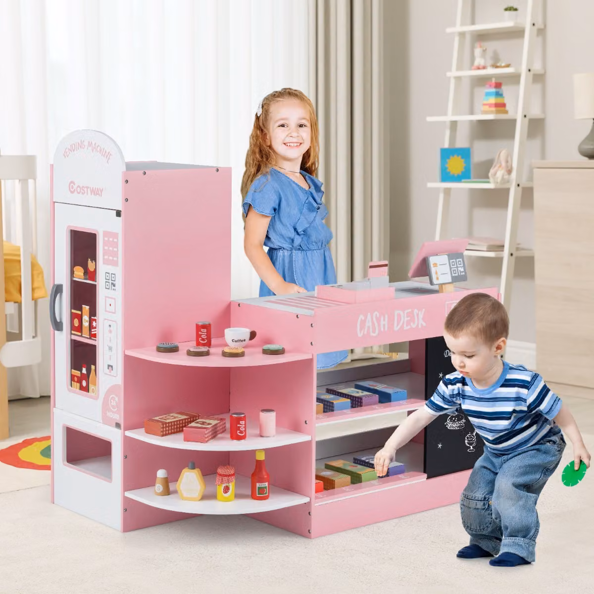 Set di giocattoli supermercato Costway con cassa e distributore automatico, colore rosa