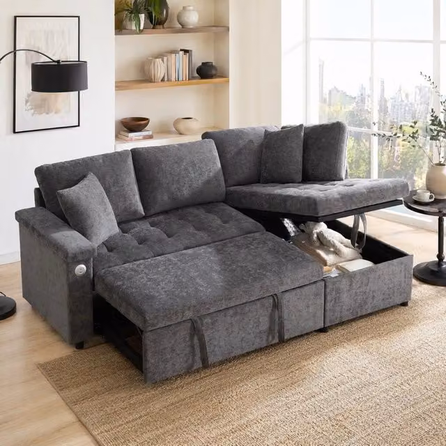 Divano angolare destro a L con funzione letto; contenitore; USB; 2 cuscini; ciniglia grigio scuro; 209 x 130 x 84 cm