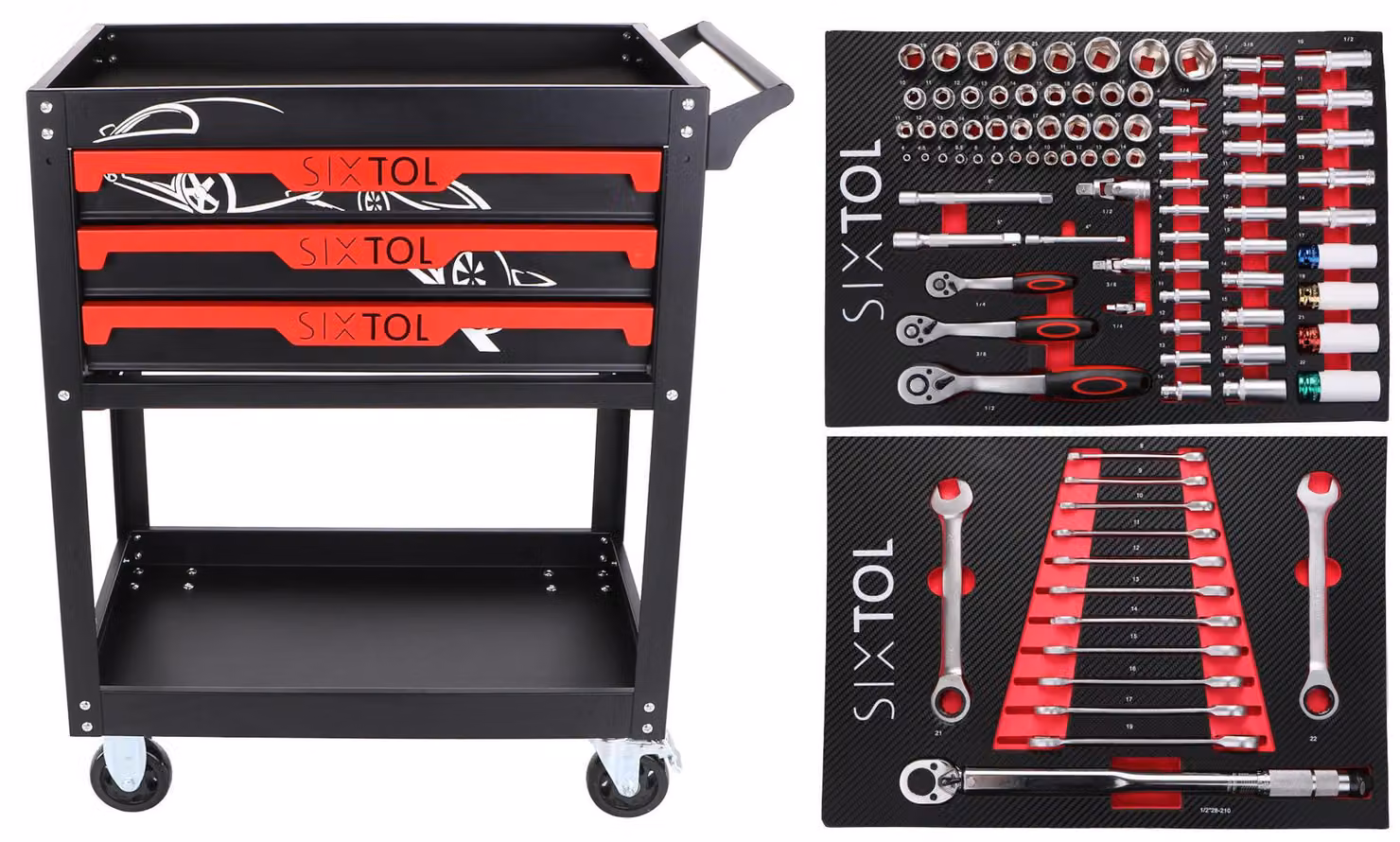Carrello da officina con utensili, modello JASON 94, con 3 cassetti, 1 ripiano, set da 94 pezzi.
