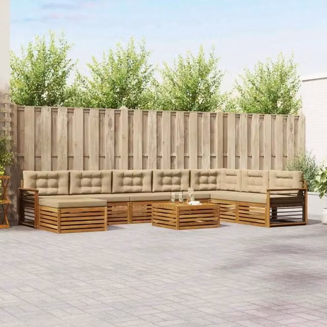 Set di divani da esterno vidaXL in legno di acacia 9 pezzi, colore beige e marrone, con cuscini inclusi e design moderno a L per giardino e terrazza – 1