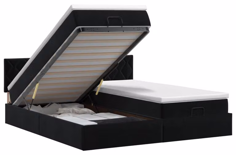 Divano letto ottomano con materasso e poggiatesta, 2 pezzi, colore nero, rivestito in velluto