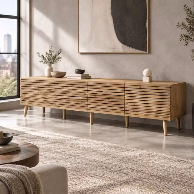 Mobile TV ULEVR 180x40x46 cm per TV fino a 75 pollici, 4 ante a pressione, 6 vani e passacavi, color legno naturale