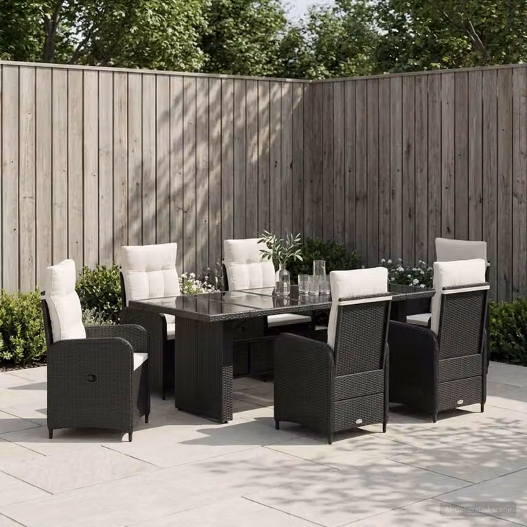 Set da pranzo per esterni vidaXL in 7 pezzi in polyrattan e legno di acacia, colori nero e bianco crema