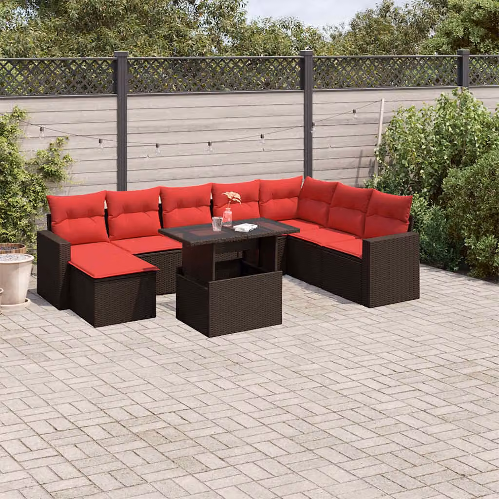 Set di divani da giardino vidaXL in polyrattan marrone con cuscini, tavolino e pouf, composizione a L con struttura in metallo per esterno