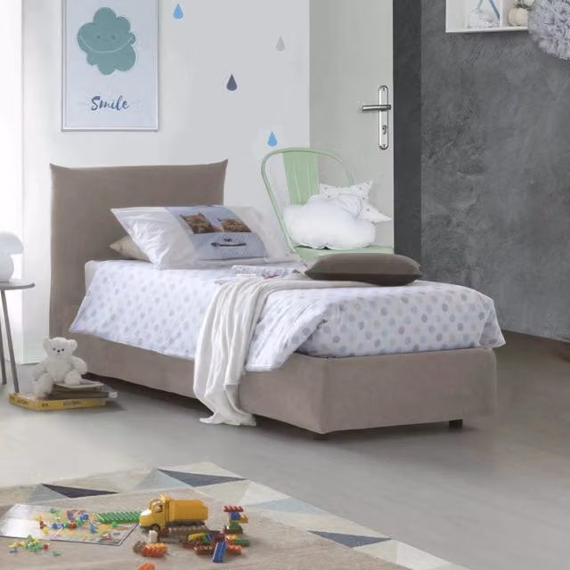Letto singolo contenitore Ippolito Talamo Italia con rivestimento in tessuto beige, apertura frontale, adatto per materasso 80x190 cm