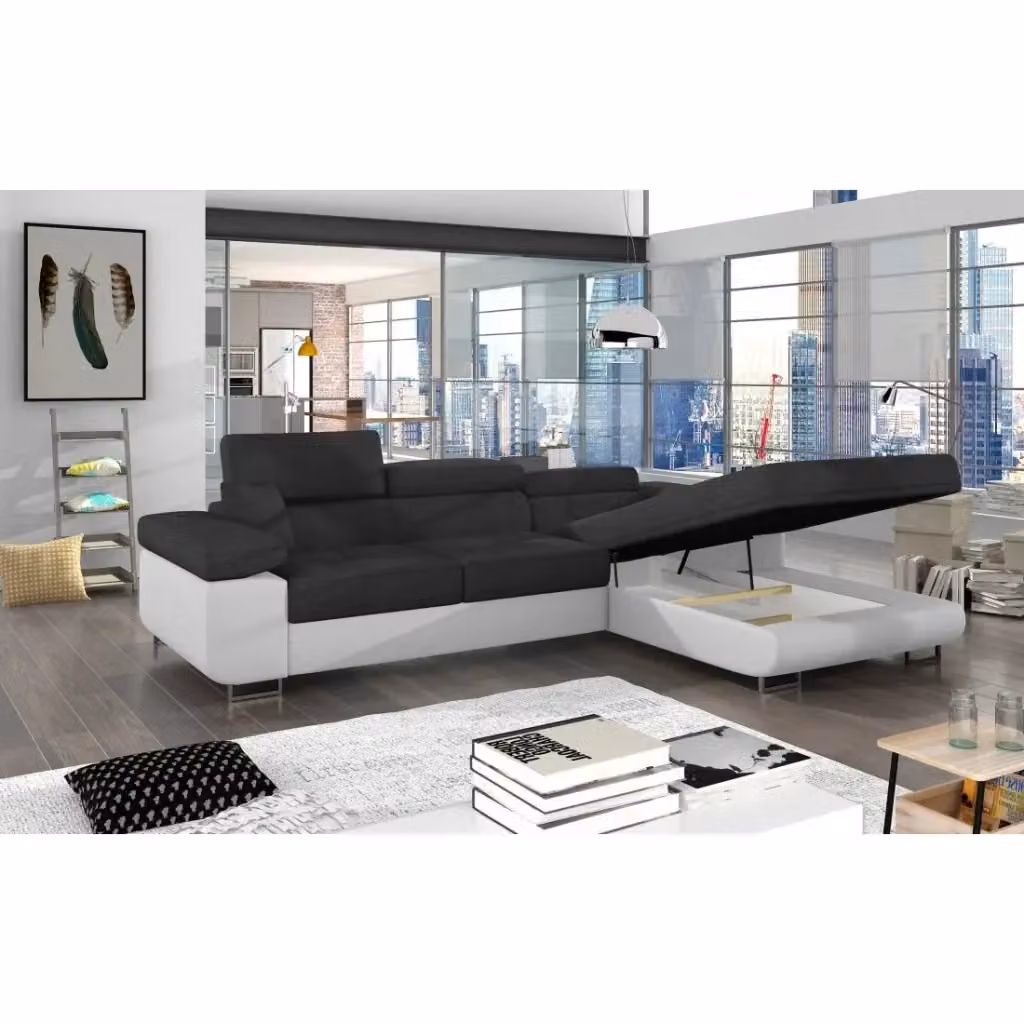 Divano ad angolo convertibile AMANDA Meublorama grigio e bianco con funzione letto e poggiatesta regolabile, angolo destro, L 280 x P 149 x H 90 cm – 2