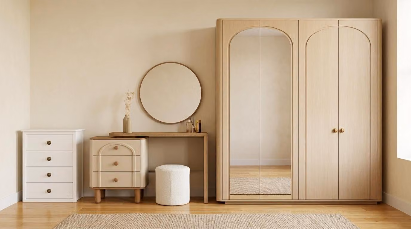 Set per camera da letto beige, moderno, composto da: tavolino da trucco, cassettiera, armadio