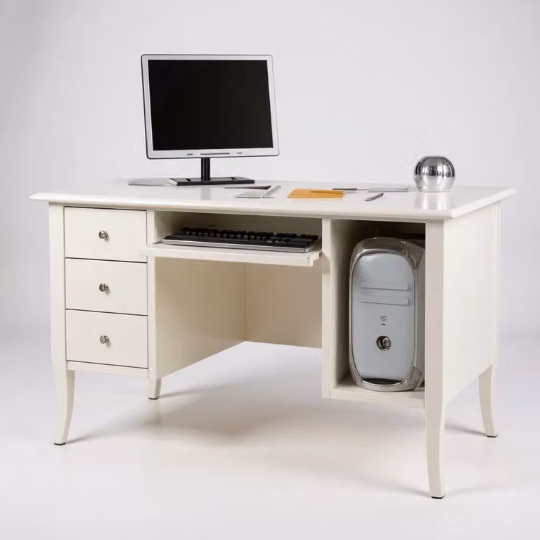 Scrivania porta computer in legno di pino bianco opaco Mobili 2G L: 130 cm, P: 75 cm, H: 81 cm