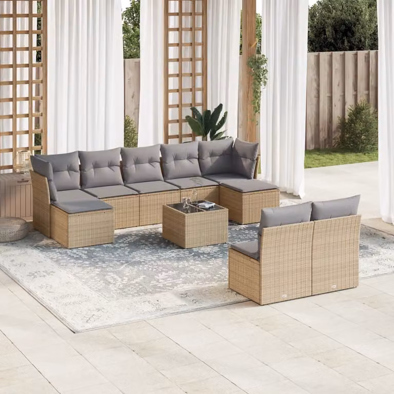 vidaXL Set Divano da Giardino 10 pz in Polyrattan con Cuscini Beige e Tavolino da Esterno