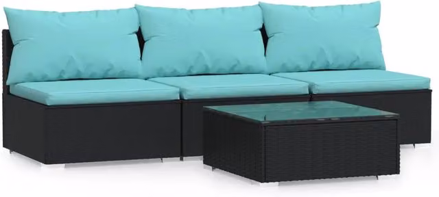 Set Salotto da Giardino Outsunny 4 Pezzi con Divano a 3 Posti, Tavolino e Cuscini Imbottiti in Polyrattan Nero e Blu Turchese con Struttura in Acciaio Verniciato a Polvere – 1