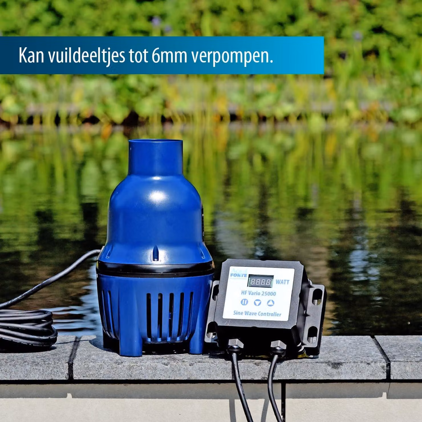 Pompa per laghetto HighFlow Vario-S, 25.000 litri/ora, potenza da 30 a 130 watt, portata massima di 25 m³/ora, altezza di sollevamento di 3 metri, regolabile tramite controller esterno, uscita da 75 mm