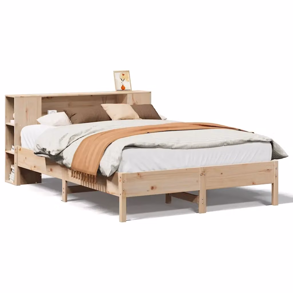 Letto Libreria vidaXL in Legno di Pino Naturale con Ripiani Laterali Marrone L: 141 cm, P: 190 cm, H: 82 cm – 2