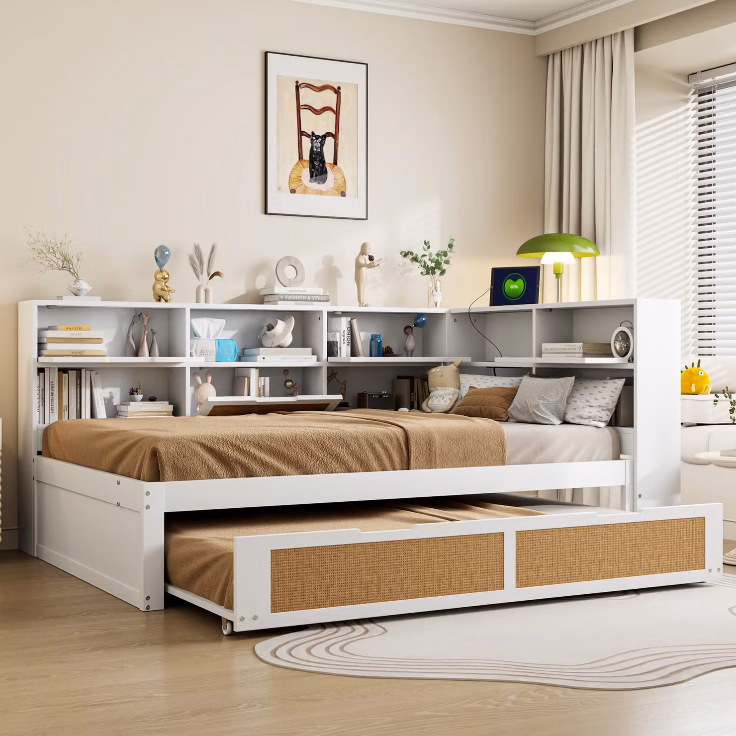 MODFU Letto pieghevole 140×200 cm, letto per bambini, letto per studenti con letto estraibile, letto matrimoniale multifunzionale con numerosi vani portaoggetti e porta di ricarica, senza materasso, bianco