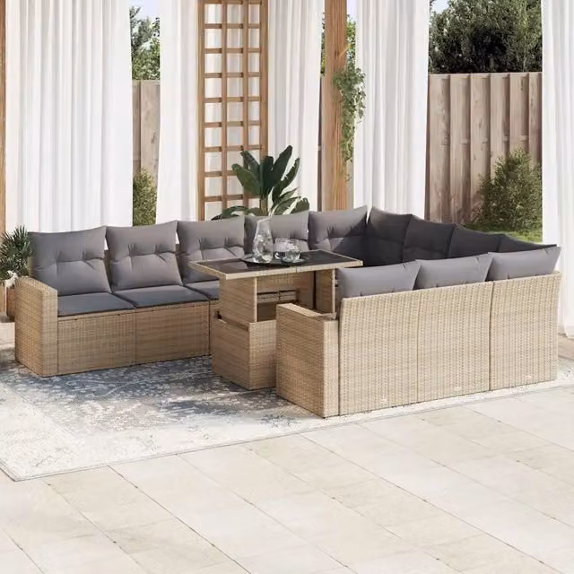 Set di Divani da Giardino a Forma di U vidaXL in Polyrattan con Cuscini Beige e Tavolino, 11 Pezzi – 1
