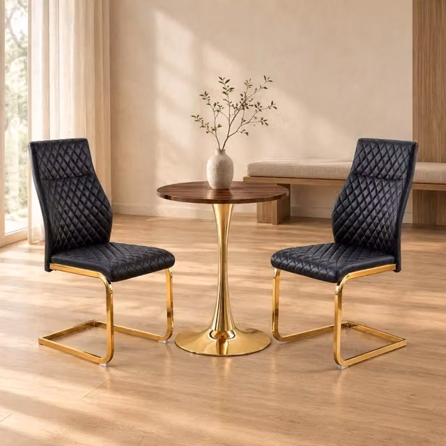 Set tavolo rotondo MDF 60 cm effetto noce con 2 sedie nere imbottite e gambe metalliche dorate