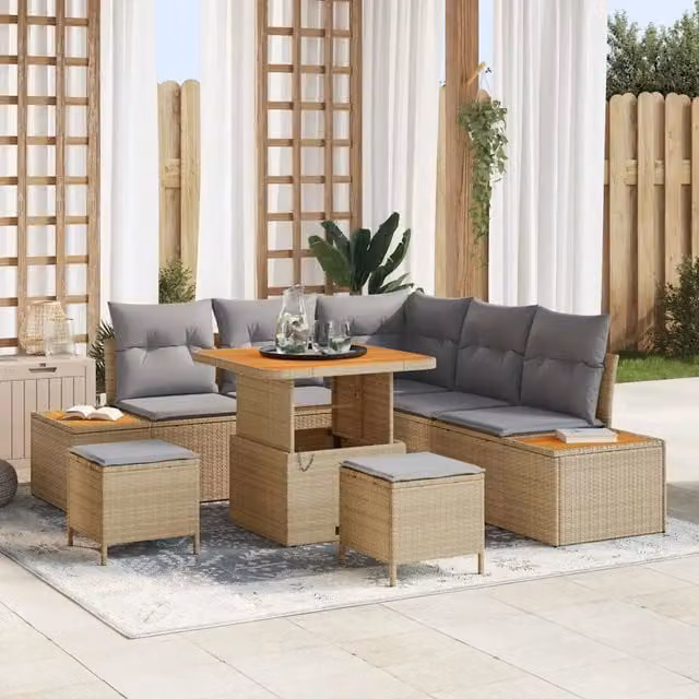 Set Divano da Giardino 8 Posti vidaXL in Poly Rattan Beige con Cuscini e Tavolino – 1