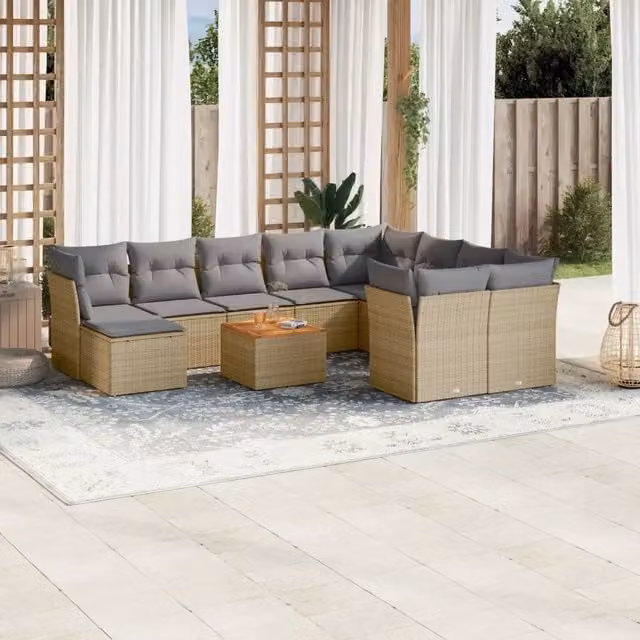 Set Divano da Giardino a Forma di U vidaXL in Polyrattan con Cuscini Beige e Grigio e Tavolino da Esterno 11 Pezzi