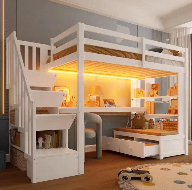 Letto a Soppalco in MDF e Pino 90x200 cm con Scrivania; LED e Cassetti Bianco per Cameretta; Senza Materasso