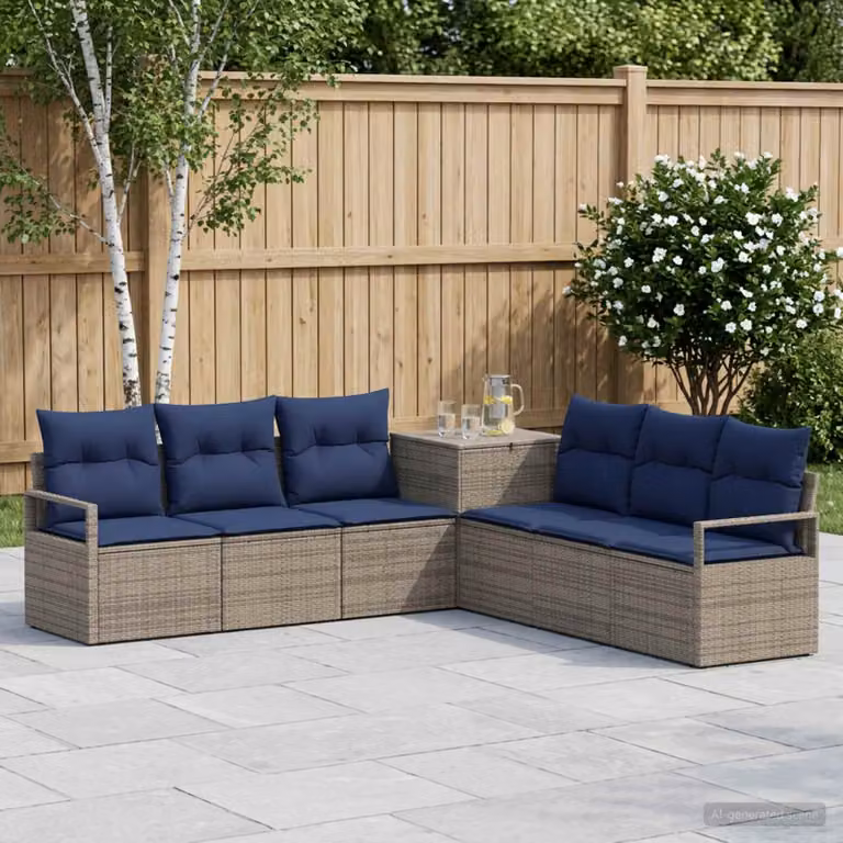 Set di divani da giardino vidaXL 7 pz in rattan e acciaio con cuscini grigio e blu navy